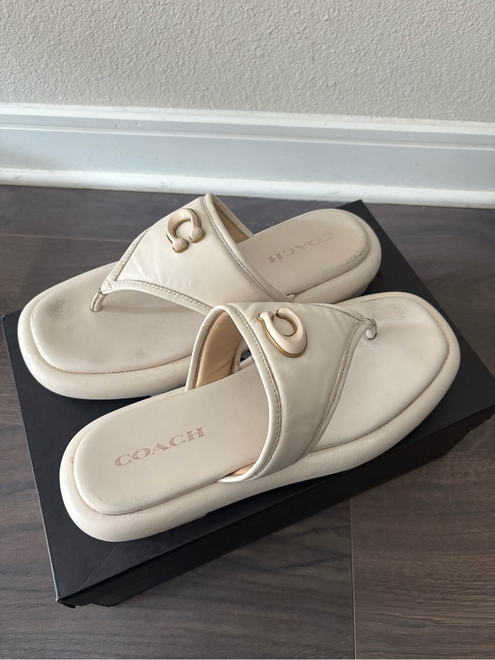 Coach Cream Leather Thong Slide Sandals with Gold Accent